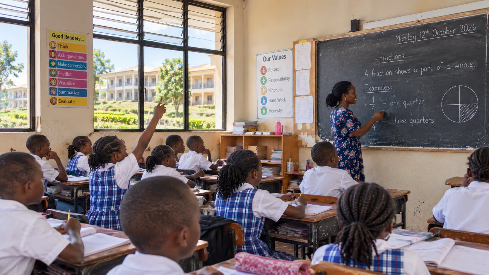 An upper primary mathematics lesson, the teacher at the board and a pupil with her hand up