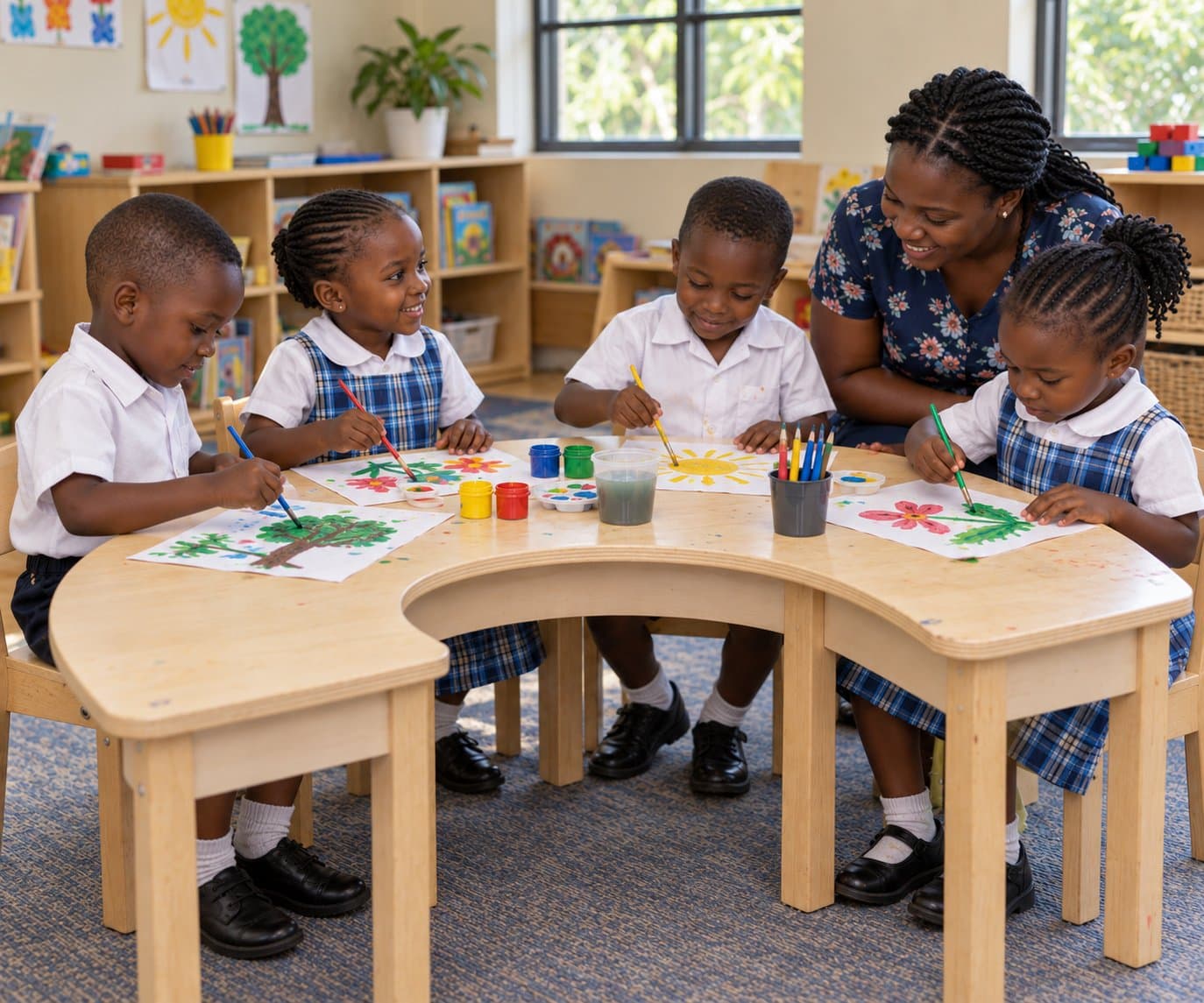Nursery pupils painting at a low table with their teacher